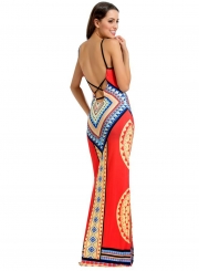 Women's Fashion Bohemian Geometric Print Sleeveless Backless Maxi Dress