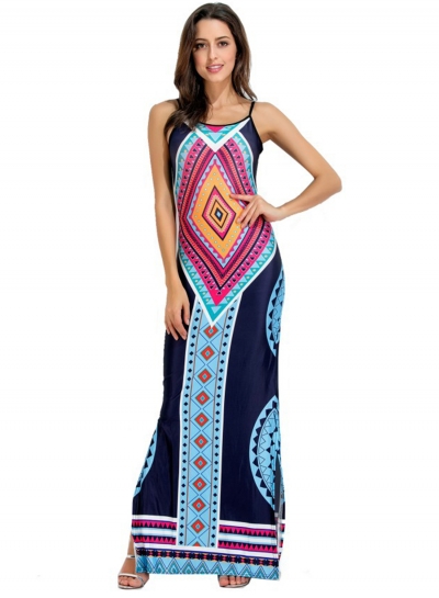 Women's Fashion Bohemian Geometric Print Sleeveless Backless Maxi Dress zecalaba.com