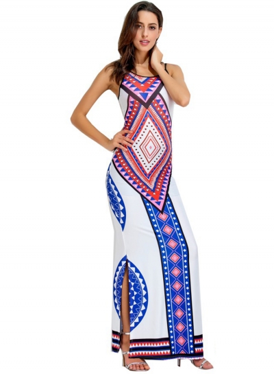 Women's Fashion Bohemian Geometric Print Sleeveless Backless Maxi Dress zecalaba.com