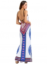 Women's Fashion Bohemian Geometric Print Sleeveless Backless Maxi Dress