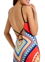 Women's Fashion Bohemian Geometric Print Sleeveless Backless Maxi Dress