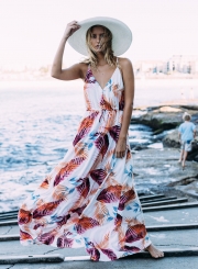 Women's Bohemian Spaghetti Strap Leaves Print Maxi Dress