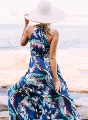 Women's Bohemian Spaghetti Strap Leaves Print Maxi Dress