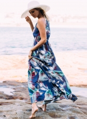 Women's Bohemian Spaghetti Strap Leaves Print Maxi Dress