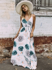 Women's Bohemian Spaghetti Strap Leaves Print Maxi Dress