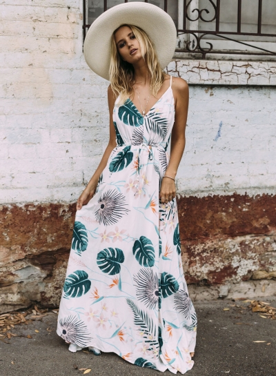 Women's Bohemian Spaghetti Strap Leaves Print Maxi Dress zecalaba.com