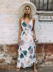 Women's Bohemian Spaghetti Strap Leaves Print Maxi Dress