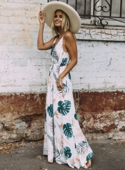 Women's Bohemian Spaghetti Strap Leaves Print Maxi Dress