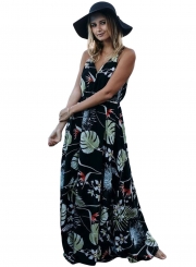 Women's Bohemian Spaghetti Strap Leaves Print Maxi Dress