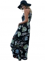 Women's Bohemian Spaghetti Strap Leaves Print Maxi Dress