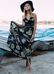 Women's Bohemian Spaghetti Strap Leaves Print Maxi Dress