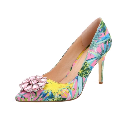 Women's High Heels Rhinestone Pointed Toe Floral Pumps lonhooker.com