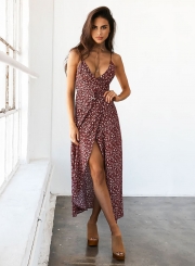 Deep V Neck Floral Printed High Split Maxi Dress