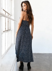 Deep V Neck Floral Printed High Split Maxi Dress