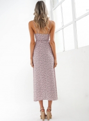 Deep V Neck Floral Printed High Split Maxi Dress