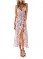 Deep V Neck Floral Printed High Split Maxi Dress