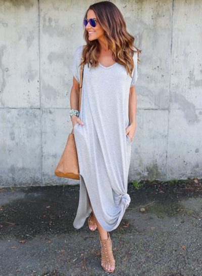 V Neck Short Sleeve Loose Fit Side Slit Maxi Dress