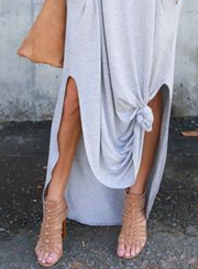 V Neck Short Sleeve Loose Fit Side Slit Maxi Dress