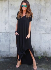 V Neck Short Sleeve Loose Fit Side Slit Maxi Dress