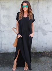 V Neck Short Sleeve Loose Fit Side Slit Maxi Dress