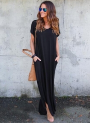 V Neck Short Sleeve Loose Fit Side Slit Maxi Dress