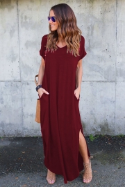 V Neck Short Sleeve Loose Fit Side Slit Maxi Dress