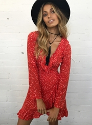 V Neck Long Sleeve Polka Dot Ruffle Dress