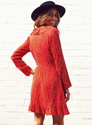 V Neck Long Sleeve Polka Dot Ruffle Dress