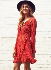 V Neck Long Sleeve Polka Dot Ruffle Dress