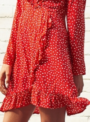 V Neck Long Sleeve Polka Dot Ruffle Dress