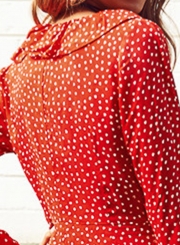 V Neck Long Sleeve Polka Dot Ruffle Dress