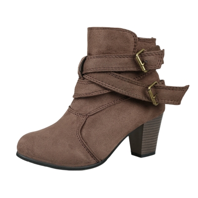 Women's Solid Round Toe Block Heels Buckle Strap Boots