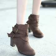 Women's Solid Round Toe Block Heels Buckle Strap Boots