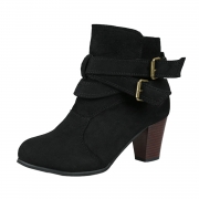 Women's Solid Round Toe Block Heels Buckle Strap Boots