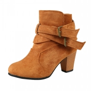 Women's Solid Round Toe Block Heels Buckle Strap Boots