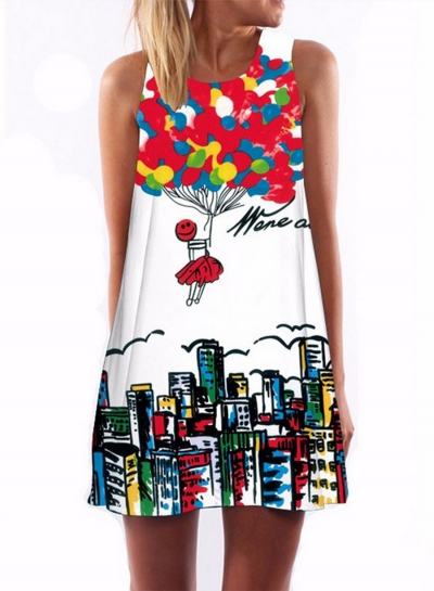 Women's Sleeveless Digital Printing Loose FIt Mini Dress