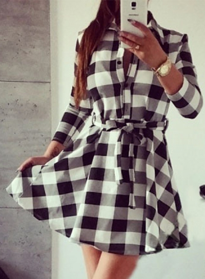 Women's Fashion Long Sleeve Plaid Shirt Dress with Belt zecalaba.com