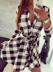 Women's Fashion Long Sleeve Plaid Shirt Dress with Belt