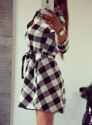 Women's Fashion Long Sleeve Plaid Shirt Dress with Belt