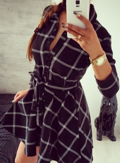 Women's Fashion Long Sleeve Plaid Shirt Dress with Belt zecalaba.com