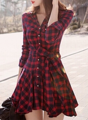 Women's Fashion Long Sleeve Plaid Shirt Dress with Belt