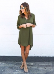 Women's Solid V Neck Long Sleeve High Low Solid Dress