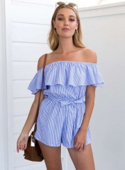 Women's Strapless Flounce Hem Striped Shorts Set Rompers