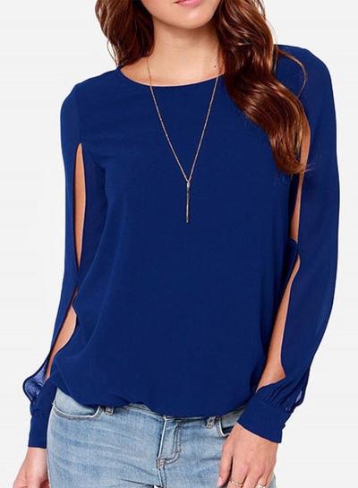 Women's Fashion Solid Slit Long Sleeve Pullover Blouse YOYOTSHOP.com