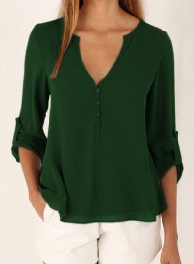 Women's Fashion V Neck Long Sleeve Solid Irregular Blouse YOYOTSHOP.com