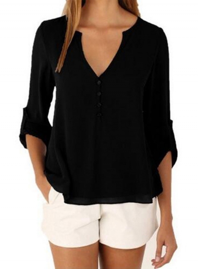 Women's Fashion V Neck Long Sleeve Solid Irregular Blouse lonhooker.com