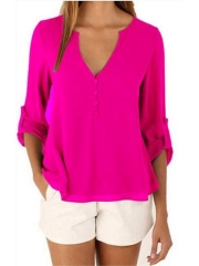 Women's Fashion V Neck Long Sleeve Solid Irregular Blouse