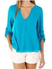 Women's Fashion V Neck Long Sleeve Solid Irregular Blouse