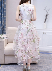 Women's Fashion Round Neck Sleeveless Floral Print High Low Dress