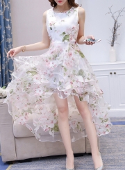 Women's Fashion Round Neck Sleeveless Floral Print High Low Dress